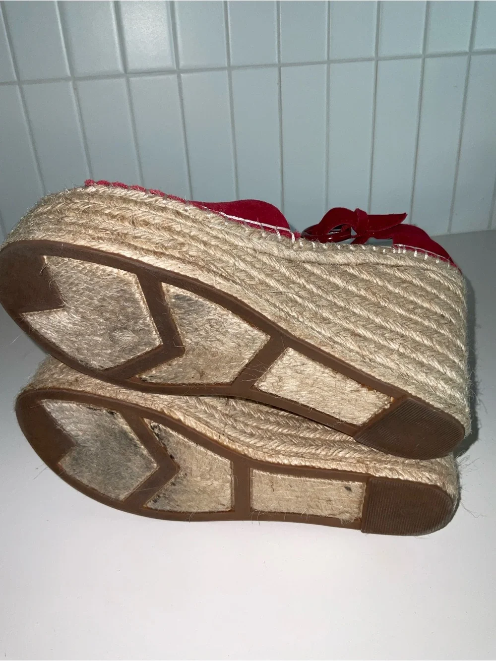 Marc Fisher Red Suede Espadrille Wedge Sandals with Ankle Buckle